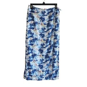 Liz Claiborne Lizwear Wrap Skirt Blue Tropical Palm Sailboat 10P summer vacation